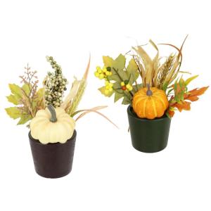 Arrangement met kunstpompoen, bessen, herfstbladeren in pot, set van 2, 18 cm kunstbloemen, decoratieve bloemen, herfstdecoratie, herfstbloem, bloemstuk, tafeldecoratie, kunstplant
