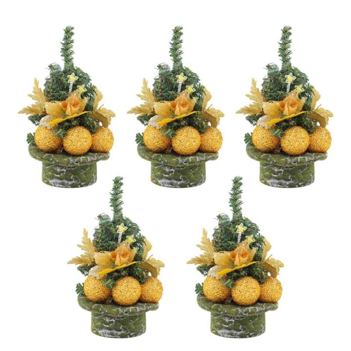 Eleganter Miniatur-Weihnachtsbaum mit goldenen Kugeln, Tannennadel, Schreibtisch-Dekoration für Büro, Urlaub, Dekoration, 5 Stück