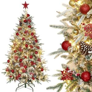 Kunstkerstboom met verlichting met sneeuw en stuk, kerstballen, kerstdecoratieset, metalen standaard, 150 cm, goud-rood