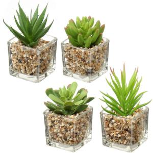 Kunstplant kunstmatige vetplant kamerplant decoratieve woonkamer, badkamer decoratieve plant vetplant, hoogte 10,5 cm, in glazen pot, set van 4