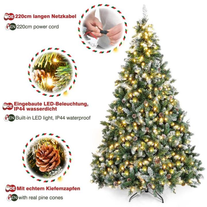 Kunstkerstboom met verlichting, witte sneeuw, led-dennenboom voor kerstdecoratie, 210 cm