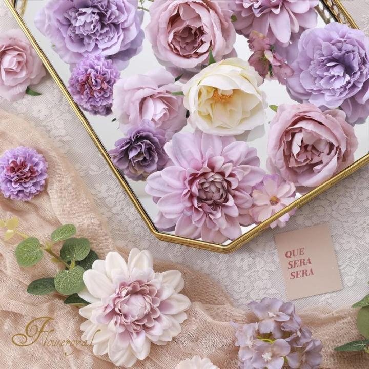 Künstliche Blumen Combo Lila Blumen Mix Seide Blumen Dahlie Rosen mit Stielen für DIY Hochzeit Brautsträuße, Babyparty, Blumenarrangement, Tischaufsätze, Heimdekorationen.