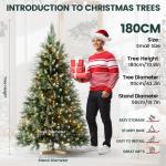 Kunstkerstboom met sneeuweffect, dennenappels, verlichting, 180 cm, automatische dennenboom, kunstkerstboom van pvc en PE, met houten standaard, Nordmann-spar, moeilijk ontvlambare