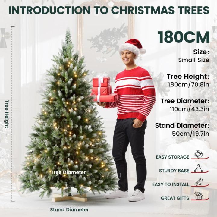 Kunstkerstboom met sneeuweffect, dennenappels, verlichting, 180 cm, automatische dennenboom, kunstkerstboom van pvc en PE, met houten standaard, Nordmann-spar, moeilijk ontvlambare