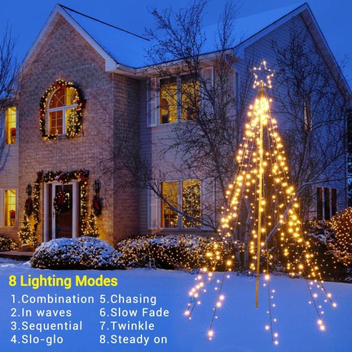 Kerstverlichting met ring en sterren, 10 slingers van 2,1 m, 450 leds, kerstboomlichtketting voor buiten, met afstandsbediening, 8 modi, dimbaar, warmwit, voor gazon en tuin