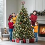 Kunstkerstboom met sneeuweffect, dennenappels, verlichting, 180 cm, automatische dennenboom, kunstkerstboom van pvc en PE, met houten standaard, Nordmann-spar, moeilijk ontvlambare