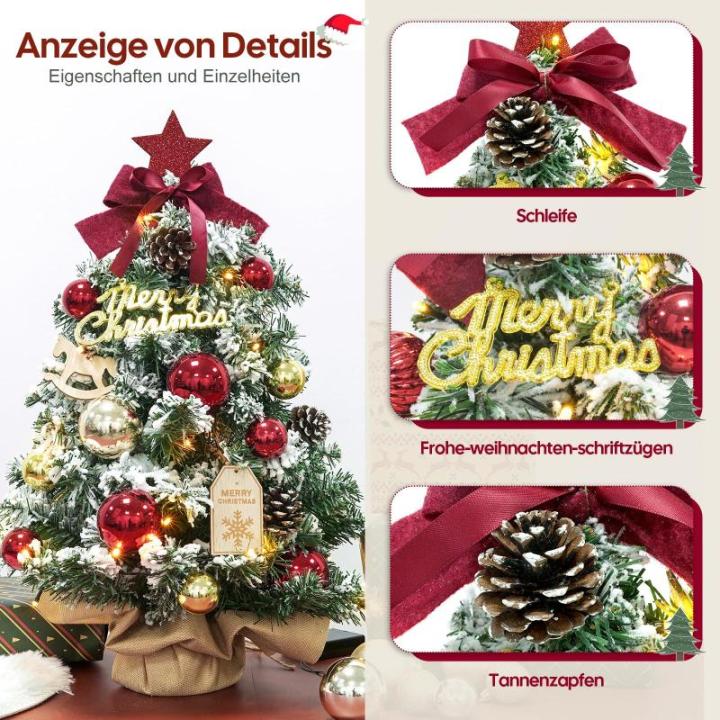 Mini-kerstboom, kleine kerstboom met verlichting, led-tafel, kerstboom, klein, kunstmatig versierd, voor kerstdecoratie (60 cm, rood met goud)