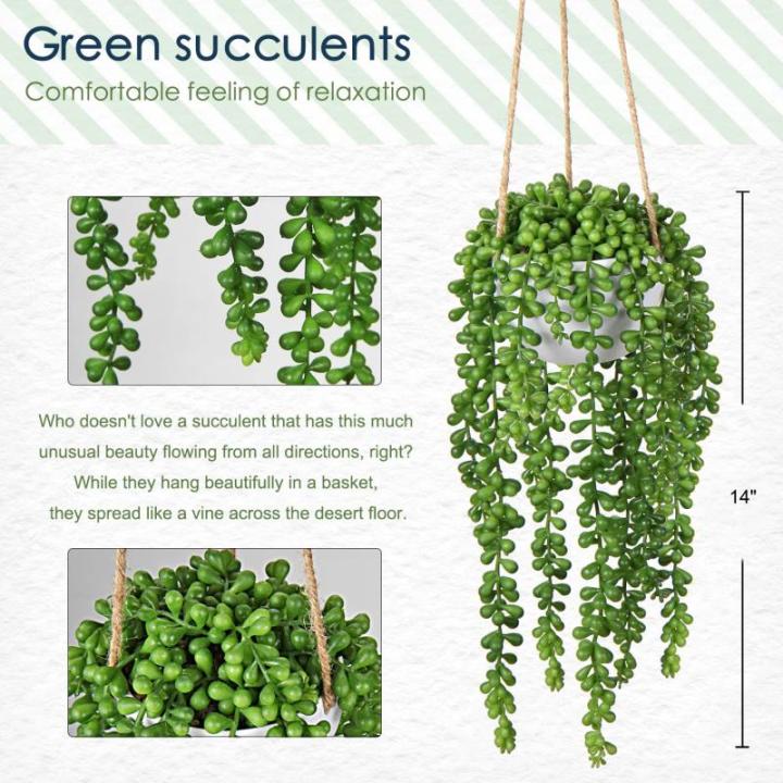 Senecio Hangplant, gematteerde kunstvetplanten, voor binnen en buiten, hoogte: 35,5 cm, in hanghanger