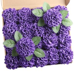 , 20 stuks dahlia-bloemen met bladeren en stelen, doe-het-zelf paarse dahlia-schuim bloem voor bruiloft, boeketten, bloemen, centerpieces, arrangementen feesttafels,