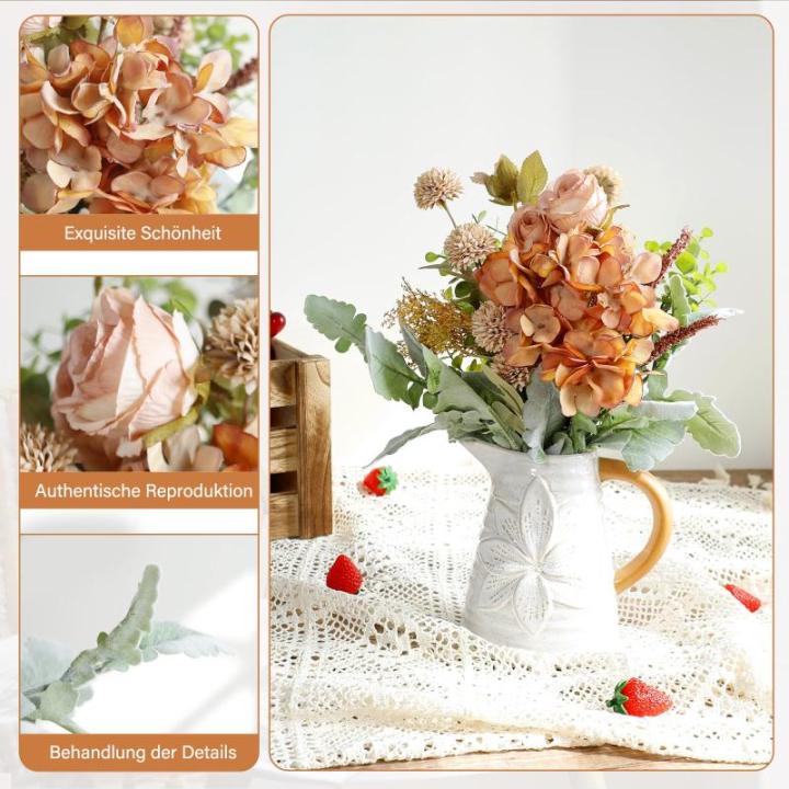 , hortensia, rozen, eucalyptus, paardenbloem met stelen als echte grote bundel, kunstboeket, nepbloemen voor doe-het-zelf bruiloftsboeket, feest, thuis, tafeldecoratie