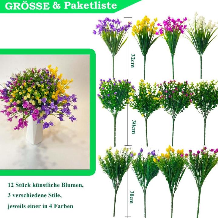 12 bundels als echt, , uv-bestendige plastic bloemen, weerbestendig, kunstplanten, buiten, boeket, planten voor balkon, tuin, balkonbak, bloembak