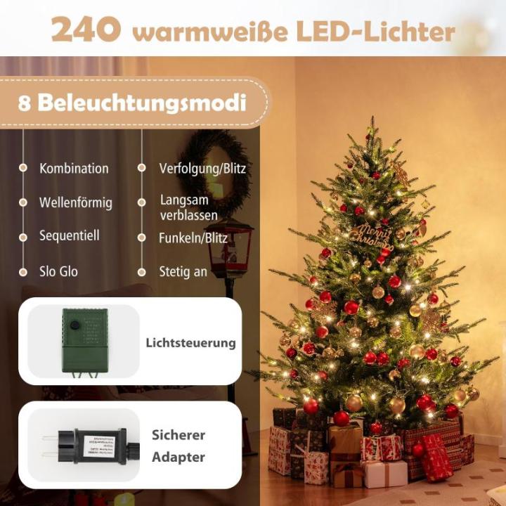 Kunstkerstboom met verlichting, 180 cm, dennenboom met 240 warmwitte ledlampen en 8 lichtmodi, kerstboom met scharnierstructuur, kunstboom voor thuis, groen