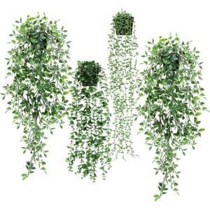 Kunsthangplanten, 4 stuks, in pot, , 65 cm, eucalyptus, parelchlorofyt, datura, stramonium voor terras, muur, woonkamer decoratie