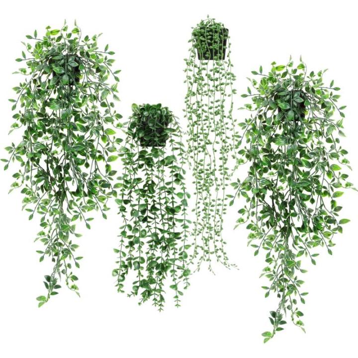 Kunsthangplanten, 4 stuks, in pot, , 65 cm, eucalyptus, parelchlorofyt, datura, stramonium voor terras, muur, woonkamer decoratie