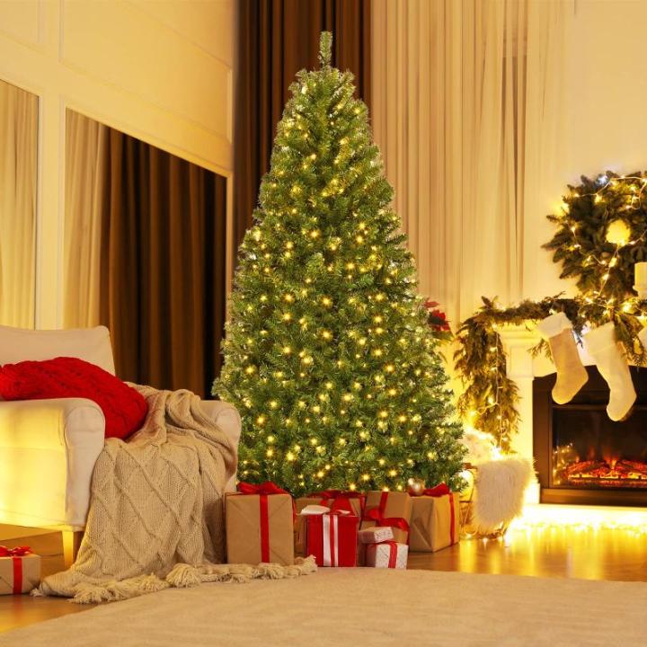 Künstlicher Weihnachtsbaum mit LED Beleuchtung, Tannenbaum Grün aus PVC Nadeln, Christbaum mit Klappbarem Metallständer, Christemas Tree 11 Lichtmodi /5 Farbwechsel (210 cm)