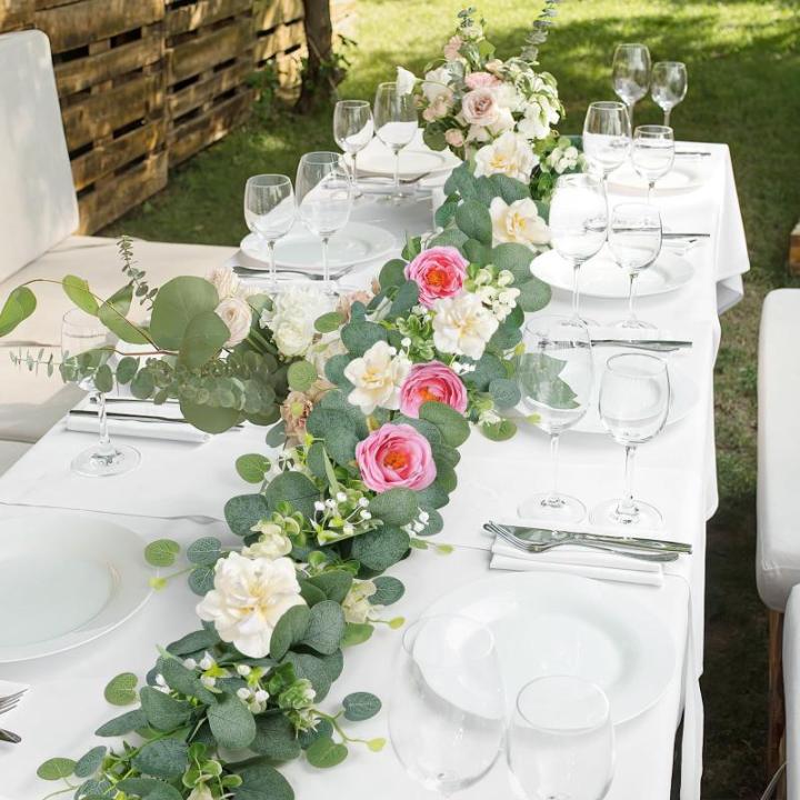 Künstliche Eukalyptus-Blumengirlande mit weiß-rosa Rosen, künstliche Pflanzen, Seide, Blumen, grüne Girlande, Kunstschleierkraut, Efeu-Ranken für Hochzeitsdekoration, Zuhause,