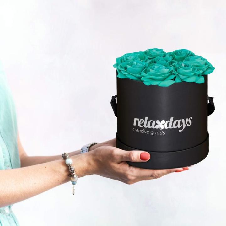 Rozenbox rond, 8 rozen, stevige bloemenbox, zwart, 10 jaar houdbaar, cadeau-idee, decoratieve bloemenbox, turquoise