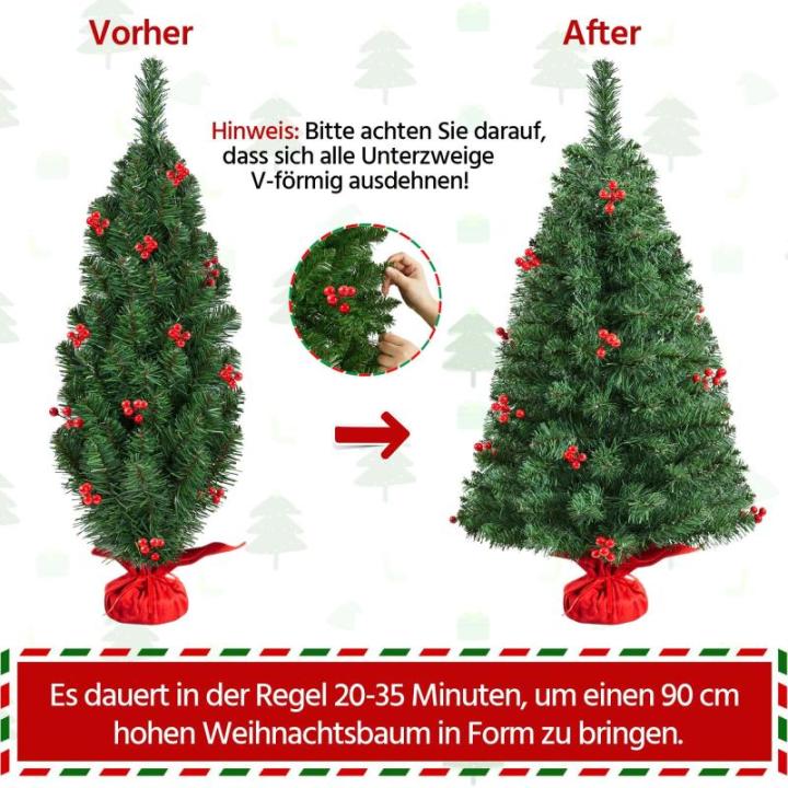 90 cm mini-kunstkerstboom met 50 warmwitte ledlampen en 60 rode bessen, kleine kerstboom, tafel, dennenboom voor kerstdecoratie, groen