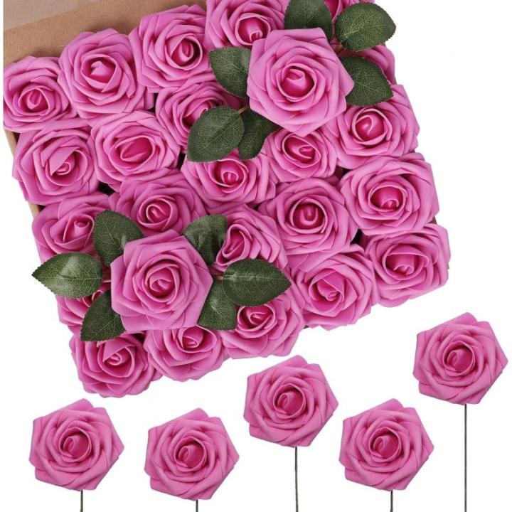 Kunstbloemen, hete roze kunstrozen, 50 stuks kunstbloemen met steel, voor doe-het-zelf bruiloft, boeketten, middenstukken, bruid, babyshower, feest, thuis, douche, arrangement, dec