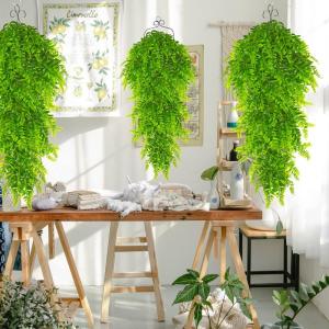 Kunsthangplanten, 4 stuks, hangende Boston varen, plastic planten, uv-bestendig, nepplanten, groene planten voor buiten, binnen, balkon, tuin, kamerdecoratie