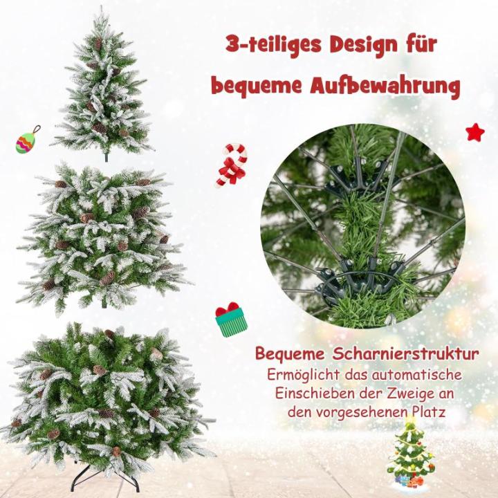 Kunstkerstboom van 190 cm met verlichting en sneeuw, dennenboom met 280 warmwitte ledlampen en 62 dennenappels, kerstboom met scharnierstructuur, kunstboom voor thuis