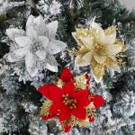 12 stuks kerstdecoratie, kunstbloemen voor Kerstmis, kerstster, kunstdecoratie, bloemen, fonkelende kerstster, bloemen, glitter, kerstboomdecoratie (rood + goud)