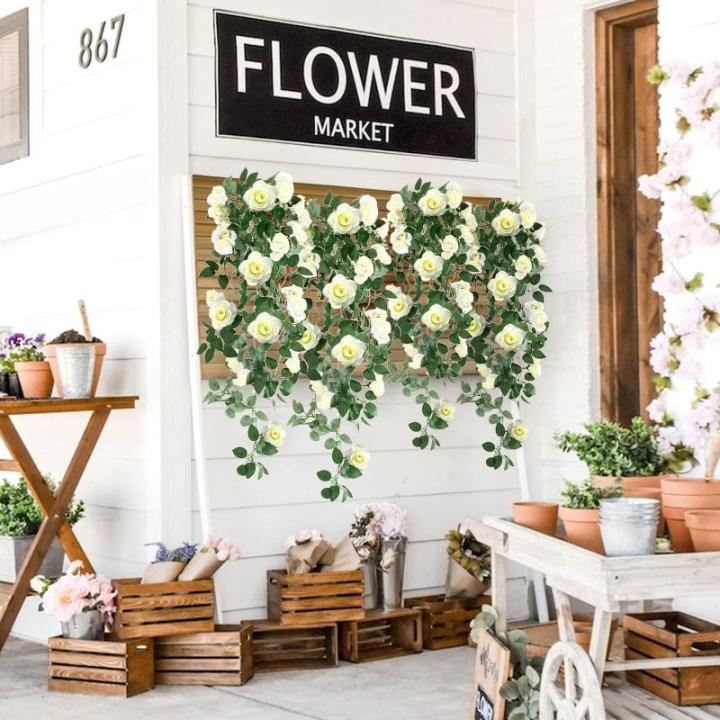 2 stuks kunstmatige rozen bloemen kunstmatige hangende mand plant wijnstok nep zijde hangende bloem voor tuin muur hek bruiloft balkon outdoor indoor huis deur decoratie