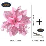 Poinsettia Kerstster, 20 stuks, glitter, kerstster, bloemen met clips, glitterende kerstbloem voor kerstboomdecoraties (roze)