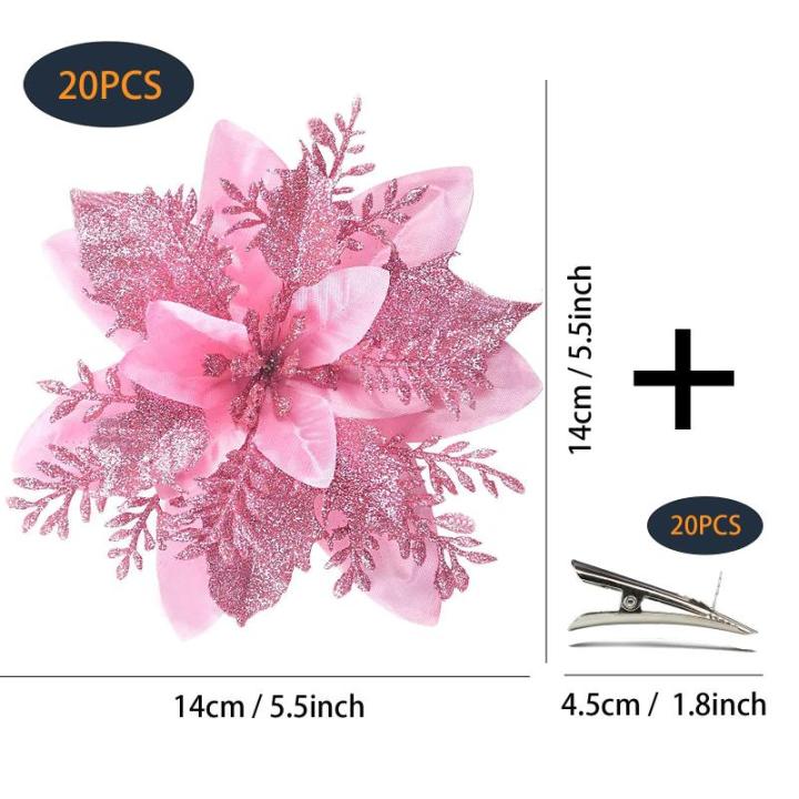 Poinsettia Kerstster, 20 stuks, glitter, kerstster, bloemen met clips, glitterende kerstbloem voor kerstboomdecoraties (roze)