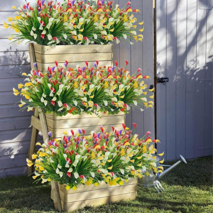 Calla Lily Kunstbloemen, 8 bundels kunstbloemen, UV-bestendige plastic bloemen, , balkon, boeket, planten voor balkon, tuin, raam, binnen en buiten