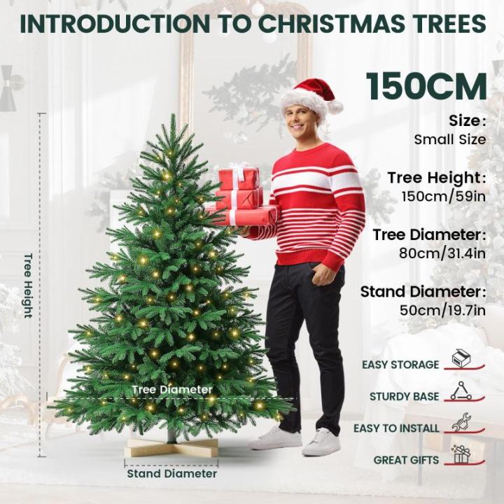 Nordmann Kunstkerstboom, pvc en PE, 150 cm, kunstdennenboom met houten standaard, verlichting led, vlamvertragend, automatische kerstboom, natuurgetrouwe kunstkerstboom
