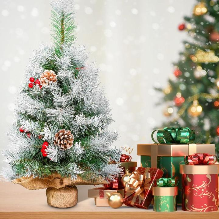 Kunstkerstboom, 60 cm, klein, met sneeuwvlokkendecoratie, dennenappels, rode bessen, dennenbladeren, 80 punten, linnen katoen en cementbasis voor feestelijke sfeer