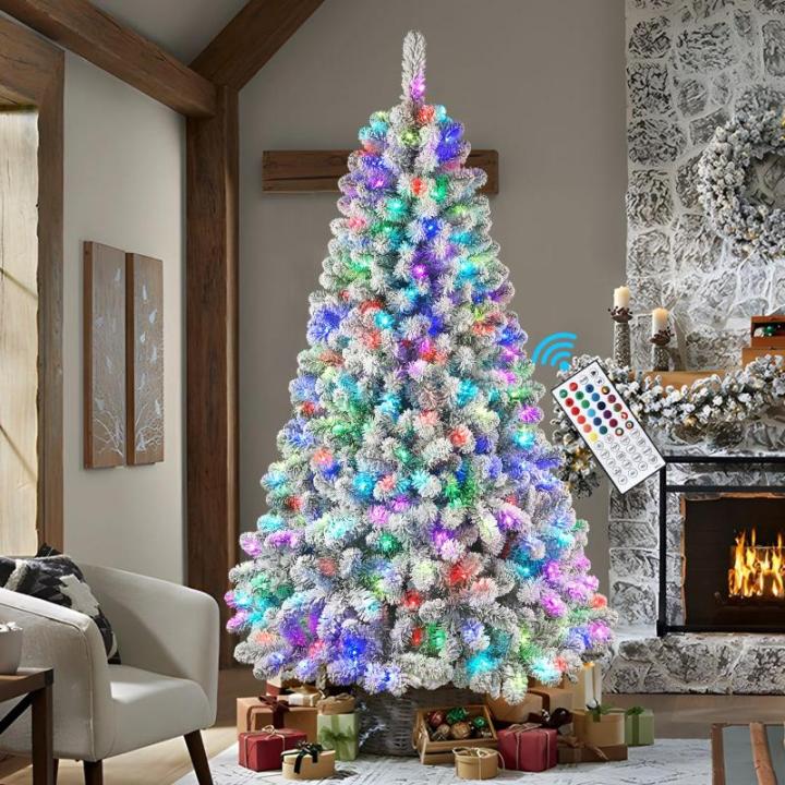 Kerstboom 210 cm, met verlichting, led, witte decoratie met afstandsbediening, 470 warmwitte lampen, opvouwbare standaard, sneeuwtakpunten voor feestdecoratie op kantoor