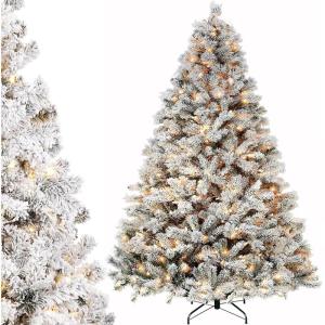 Niwa Kerstboom met verlichting, versierde flock-look, 2-in-1 kunstkerstboom met lichtketting, 200 warm wit licht en 400 PE + pvc-takken, opvouwbare dennenboom (H150 cm)