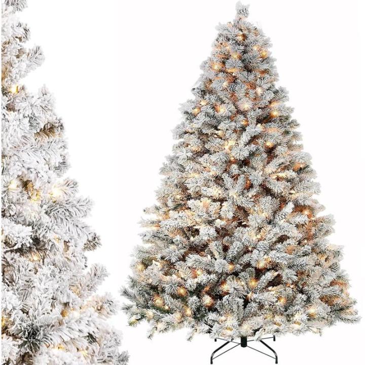 Niwa Kerstboom met verlichting, versierde flock-look, 2-in-1 kunstkerstboom met lichtketting, 200 warm wit licht en 400 PE + pvc-takken, opvouwbare dennenboom (H150 cm)