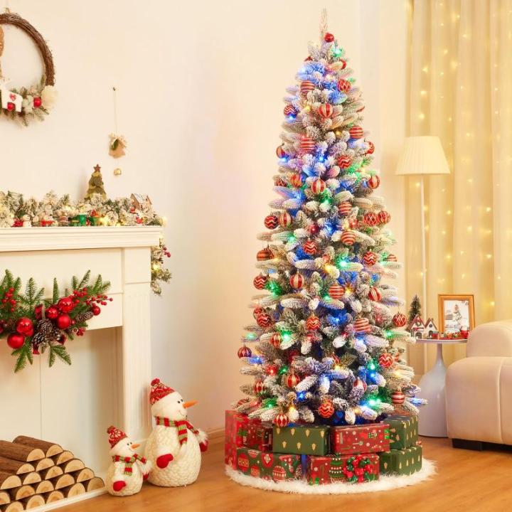 Kerstboom Slim, met led-lampjes en sneeuwvlokken, metalen standaard, kunstkerstboom, voor kerstdecoratie (180 cm met kleurrijke leds)