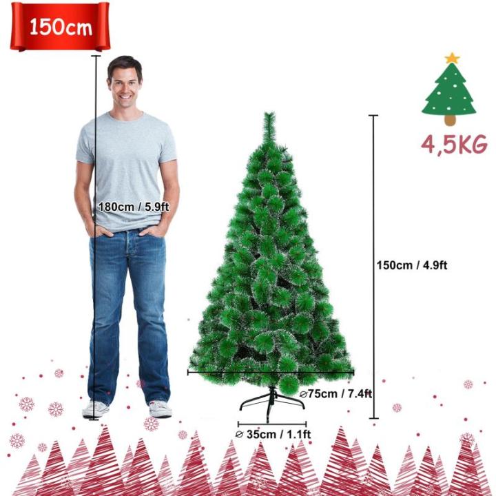 Kunstkerstboom, 150 cm, groene dennennaalden met sneeuweffect, kerstboom met 150 takken, snel op te bouwen klapsysteem, metalen standaard, kerstdecoratie