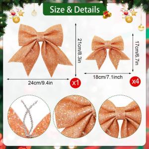 1 + 4 stuks roségouden strikken kerstkerstboomstrikken, glitter kerstboomversiering voor familiefeesten, feestdecoratie voor Kerstmis, vakantie, bruiloft, feesten (2 maat)