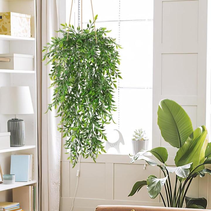 Set van 4 kunstmatige hangende planten nep groene klimop bladeren decoratie voor buiten en binnen, bamboe gebladerte hangende planten faux wijnstok groen woondecoratie voor woonkam