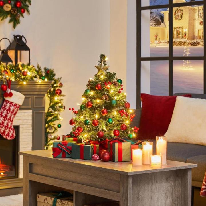50 cm mini-kunstkerstboom met 35 warmwitte ledlampen en 40 rode bessen, kleine kerstboom, tafel, dennenboom voor kerstdecoratie, groen