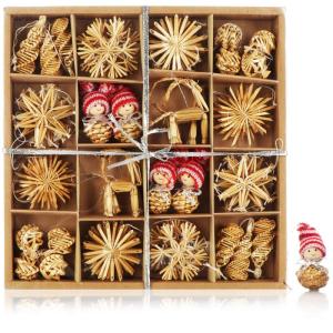 56-delige strosterrenset - sterren, bellen, dennenbomen en traditionele figuren als kerstboomversiering - kleine stro - natuurlijke kerstboomversieringen