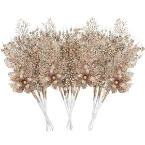 28 stuks kerst glitter bloemen bessen stelen kunstmatige kersttakken, kerstboomversiering, kunsttakken, kerstboom, plukken voor doe-het-zelf vakantie, handwerk, krans, woondecorati