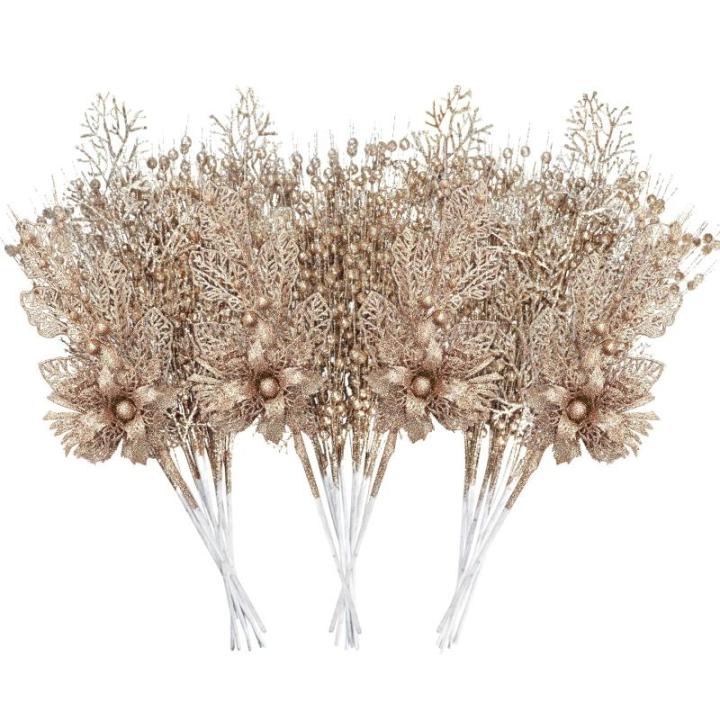 28 stuks kerst glitter bloemen bessen stelen kunstmatige kersttakken, kerstboomversiering, kunsttakken, kerstboom, plukken voor doe-het-zelf vakantie, handwerk, krans, woondecorati