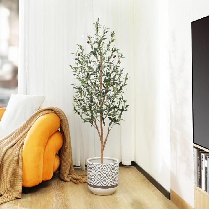 Kunstmatige olijfboom, 150 cm, grote kunstplant met natuurlijke houten stam en vruchten, kunstmatige olijfboom in pot, voor huis, slaapkamer, kantoor, tuindecoratie (1 stuks)