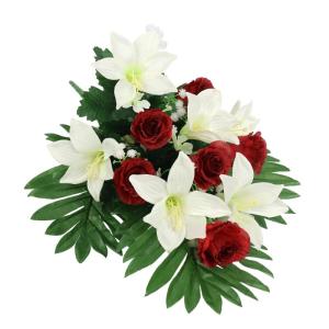 Boeket met kunstlelies en rozen, , oplegger, boeket, bloem, tafeldecoratie, bloemstuk, decoratie, grafdecoratie, grafdecoratie, begraafplaats, begraafplaats, begraafplaats,