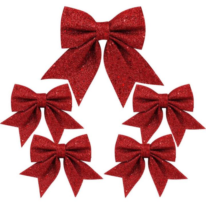 1 + 4 stuks rode strikken kerstkerstboomstrikken, glitter kerstboomversiering voor familiefeesten, feestdecoratie voor Kerstmis, vakantie, bruiloft, feesten (2 maat)