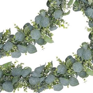 2 stuks kunstslingers, eucalyptus-slinger, eucalyptus met wilgenbladeren, slinger, plant 1,8 m, hangplanten met witte bloemen, zilveren dollar, eucalyptus-ranken, voor achtergrond,