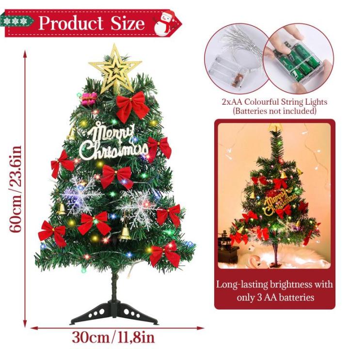Mini-kerstboom, 60 cm kleine kerstbomen, kleine versierde kerstboom, kunstkerstboom met verlichting, tafelkerstboom (A)