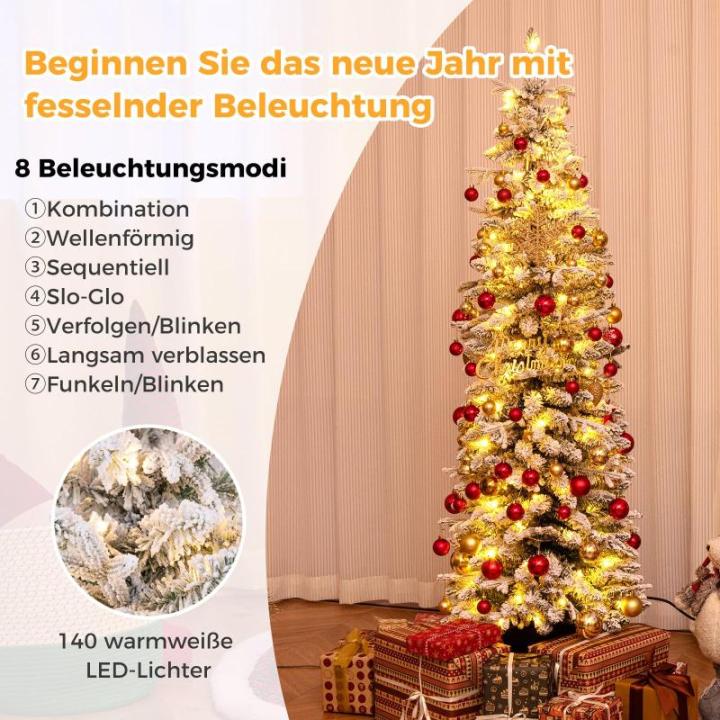 Schlanker Künstlicher Weihnachtsbaum 180cm, Beleuchteter Beflockter Weihnachtsbaum mit 140 LED-Lichtern & beflocktem Schnee, Tannenbaum mit Zementbasis, für Innen- & Außenbereic