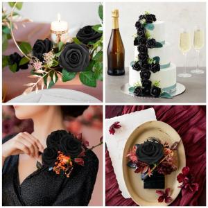 Kunstbloemen, zwarte rozen, 30 stuks, 8 cm, boeket, kunstdecoratie, bloemen, kunstrozen met stelen en kaart voor Valentijnsdag, tuin, verjaardag, feest, doe-het-zelf bruiloftsdecor